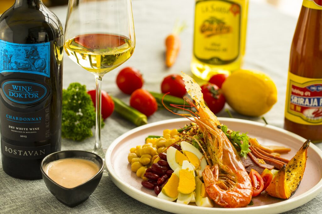 Wine and seafood meal