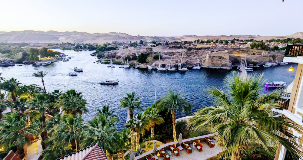 Old Cataract hotel view over the Nile River in Aswan Egypt